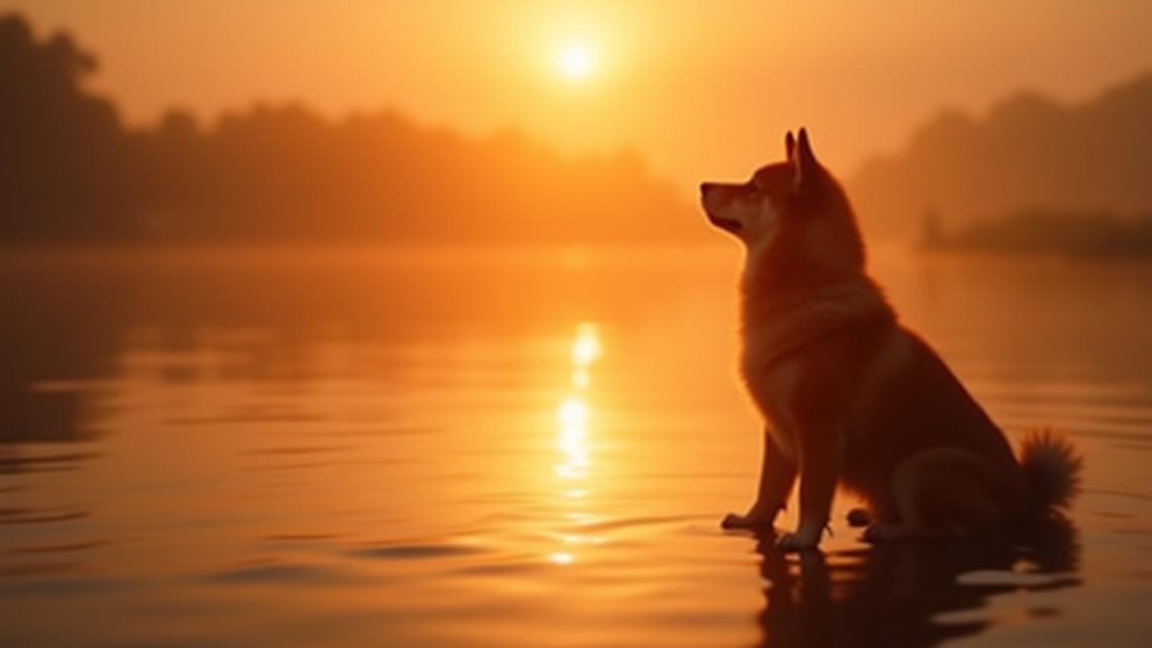 静かに座る、寄り添う柴犬のシルエット。夕焼け空と水面に反射する光が悲しみに寄り添う。