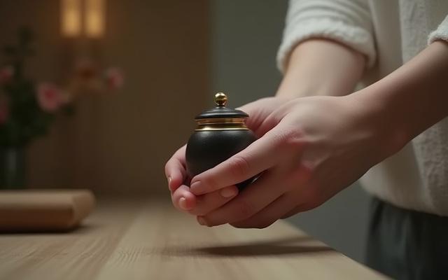 静かな炉の前で丁寧に骨壷を扱う手のクローズアップ。周りには供花と落ち着いた光。